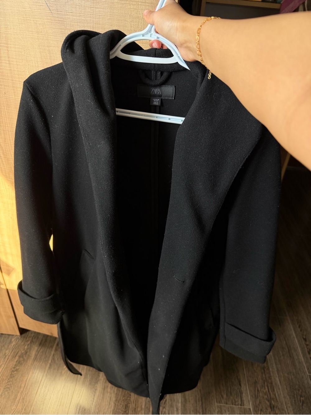 Zara Black Soft Hooded Wool-Blend Coat